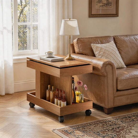 Rolling Coffee Table with Wheels, 360° Rotating Side Table with Storage, Mobile End Table for Living Room & Bedroom - Natural