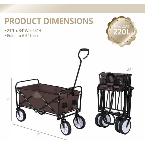 Rolling Collapsible Garden Cart with 360 Swivel Wheels Adjustable Handle 220lbs Capacity Brown