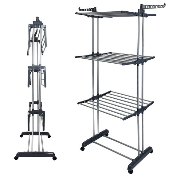 Rolling Collapsible PP Clothes Drying Rack Rail Shelve Laundry Dryer Hanger w/ Dual Side Wing