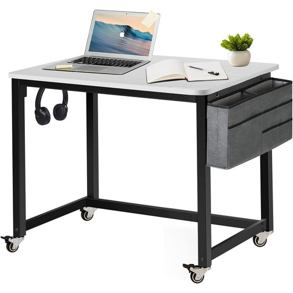 Rolling Computer Desk with 4 Smooth Wheels, Simple Style Mobile Writing Desk Home Office Study Table Movable Workstation with Metal Frame (White, 32")