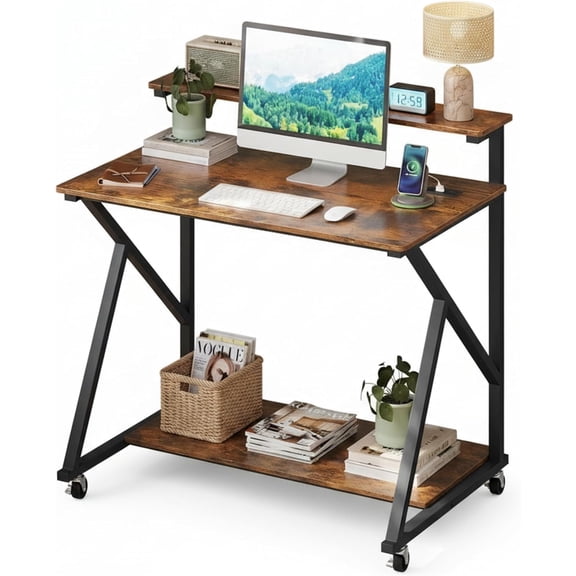 Rolling Computer Desk Cart, 32" Mobile Portable Laptop PC Table | Compact Small Desk on Wheels w/Power Outlets Monitor Stand, CPU Stand & Storage Shelf for Small Space
