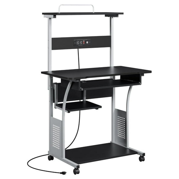 Rolling Computer Desk with Charging Station and 2 USB Ports for Small Space, Study Writing Desk with Keyboard Tray and Printer Shelf for Home Office, Compact Study Table with Wheels, Black