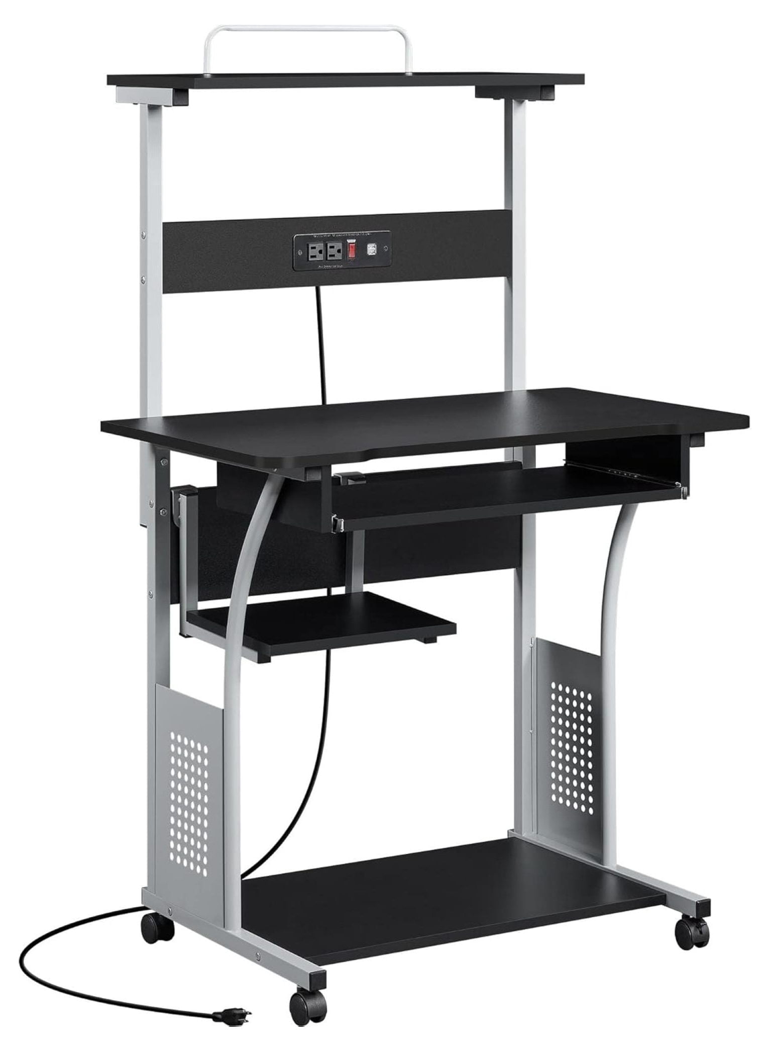 Rolling Computer Desk with Charging Station and 2 USB Ports for Small Space, Study Writing Desk with Keyboard Tray and Printer Shelf for Home Office, Compact Study Table with Wheels, Black