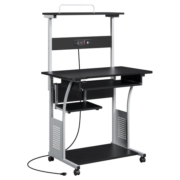 Rolling Computer Desk with Charging Station and 2 USB Ports for Small Space, Study Writing Desk with Keyboard Tray and Printer Shelf for Home Office, Compact Study Table with Wheels, Black