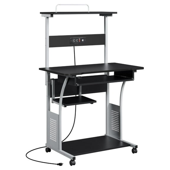 Rolling Computer Desk with Charging Station and 2 USB Ports for Small Space, Study Writing Desk with Keyboard Tray and Printer Shelf for Home Office, Compact Study Table with Wheels, Black