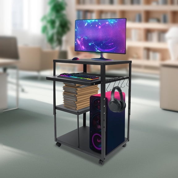 Rolling Computer Desk, Mobile Computer Cart with Keyboard Tray Portable Workstation Height Adjustable Small Metal Table with Wheels for Home Office Classroom