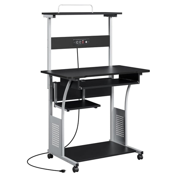 Rolling Computer Desk with Charging Station, USB Ports - Small Space Study Desk with Keyboard Tray & Printer Shelf - Black