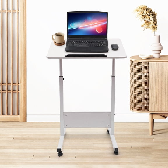 Rolling Computer Stand with Wheels Tilting Angle and Height Adjustable Computer Desk White Portable Laptop Desk