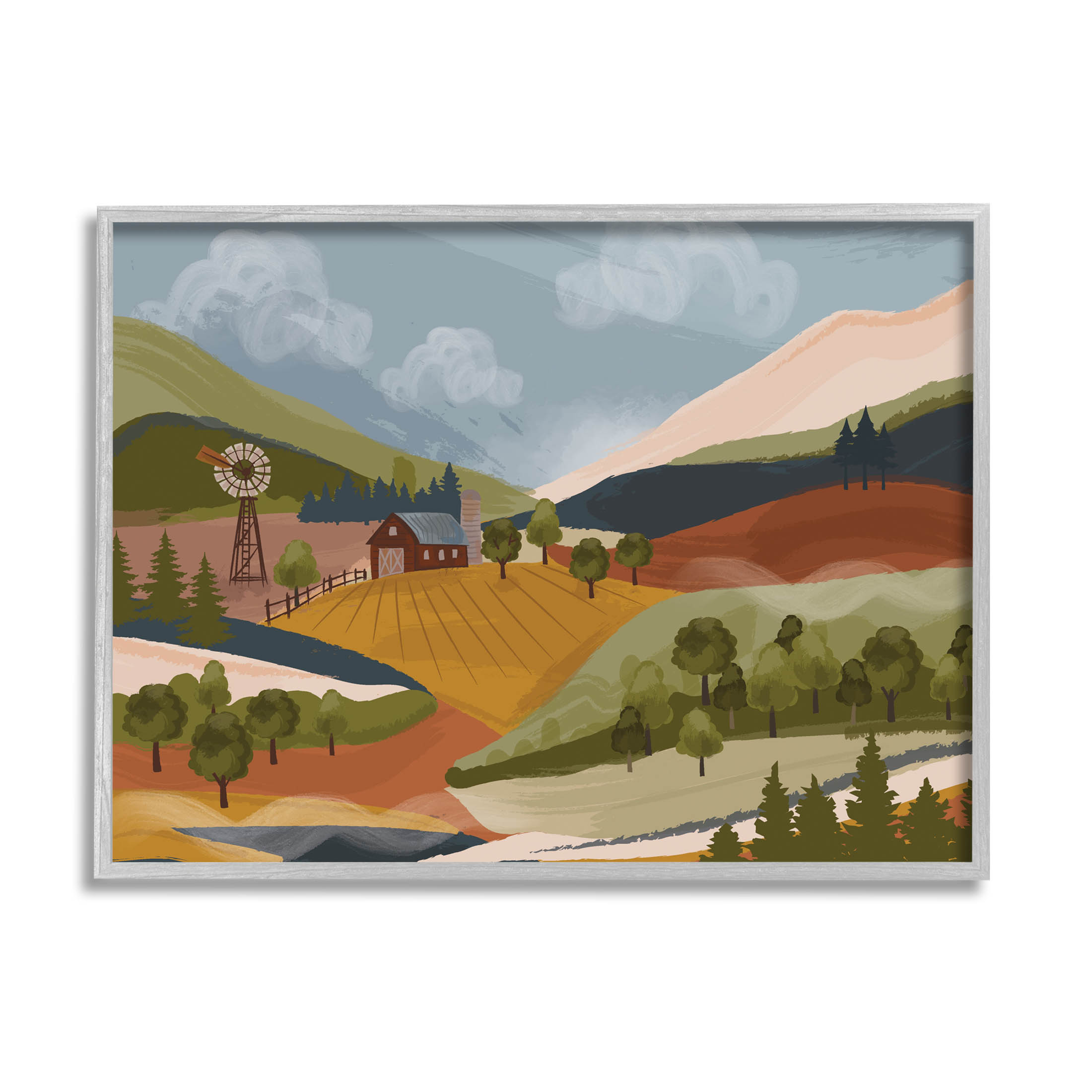 Rolling Country Hills Farm Scenery Landscape Graphic Art Gray Framed Art Print Wall Art