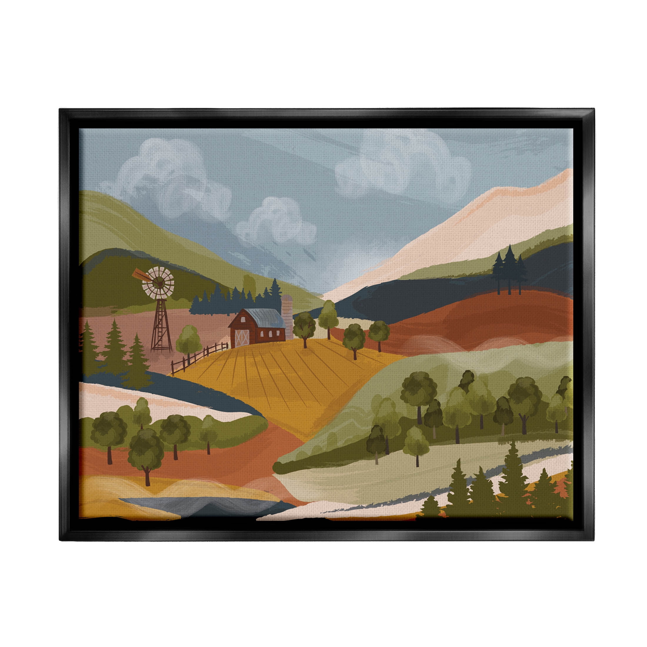 Rolling Country Hills Farm Scenery Landscape Graphic Art Jet Black Framed Art Print Wall Art