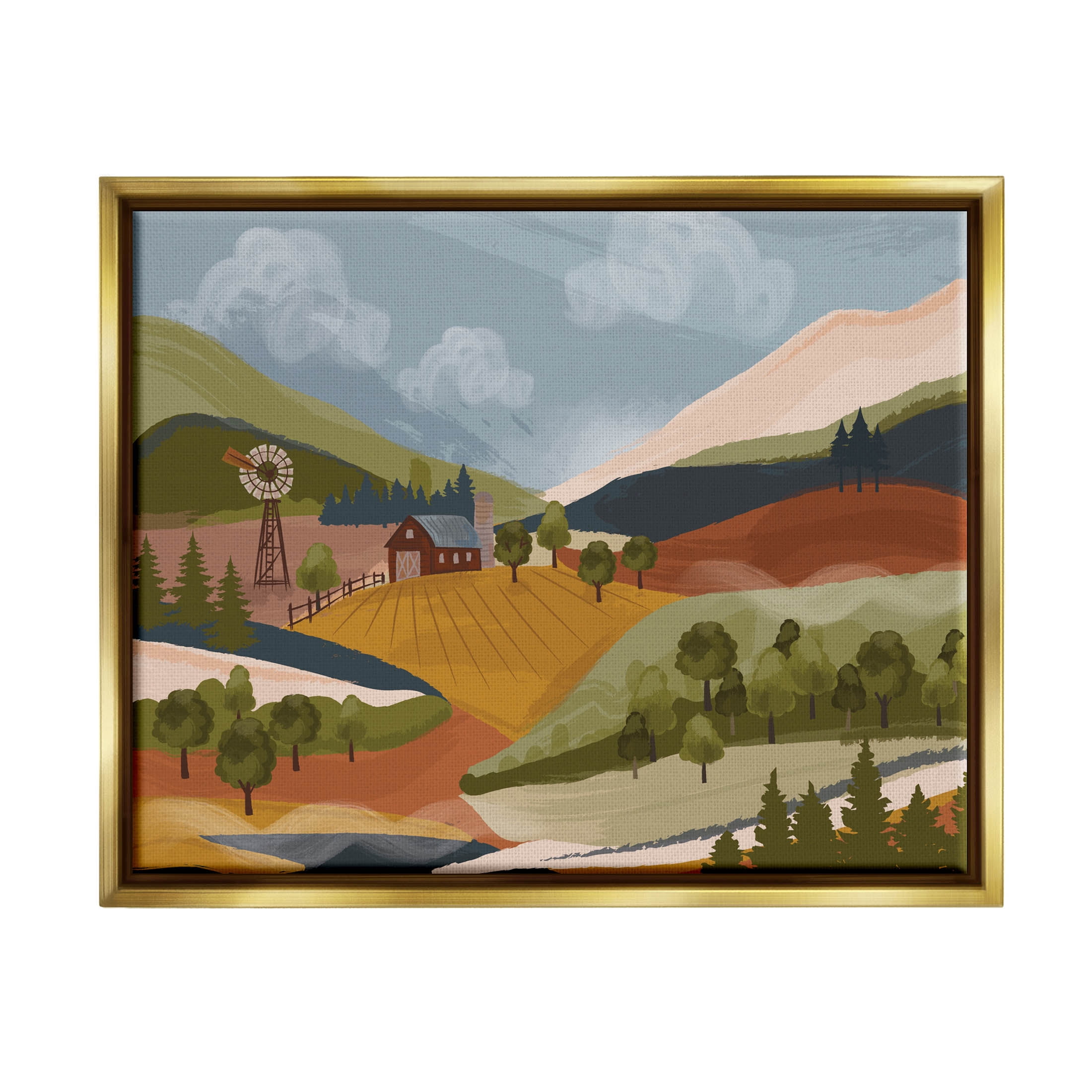 Rolling Country Hills Farm Scenery Landscape Graphic Art Metallic Gold Framed Art Print Wall Art