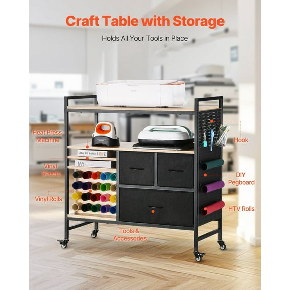 Rolling Craft Cart&Storage Table,Compatible with Cricut Machines,Crafting Table Organization Workstation,Craft Rolling Storage Organizer with 20 Vinyl Roll Holders&3 Drawers,Black
