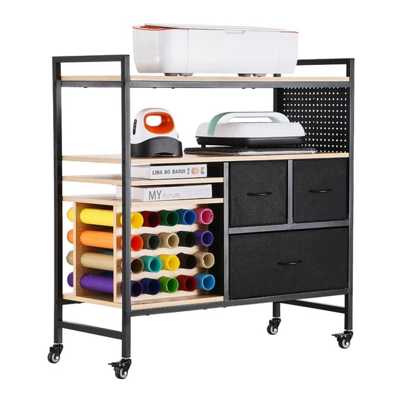 Rolling Craft Cart and Storage Table Workstation Organizer with 20 Vinyl Roll Holders and 3 Drawers Black for Craft Room Art Studio