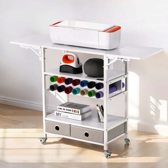 Rolling Craft Cart with 14 Vinyl Roll Holders & 2 Drawers - Foldable Craft Table for Cutting Machines, Heat Press, Sewing - Storage Organizer