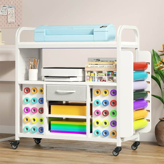 Rolling Craft Organization and Storage Cart with Wheels, Vinyl Roll Holder & Hook, Large Craft Table with Storage Drawer, Mobile Crafting Cabinet Cutting Stand Compatible with Cricut Machines