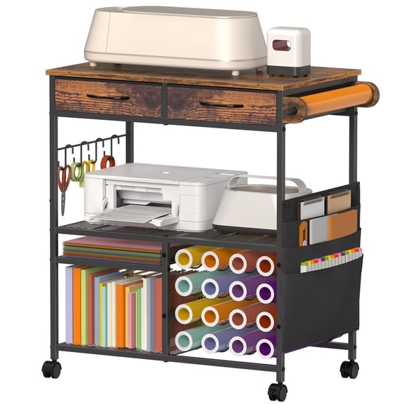 Rolling Craft Storage Cart, Compatible Cricut Machine, Craft Workstation Table 16 Vinyl Roll Holders, 2 Drawers, Side Pockets, Tool Hooks, Lockable 360° Swivel Wheels for Craft Room DIY Projects