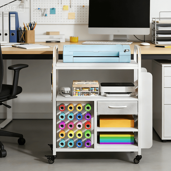 Rolling Craft Storage Cart, Compatible with Cricut Machine, DIY Tool Trolley with Vinyl Roll Holder, Multi-Tier Craft Supplies Tape Rack, Organization and Storage Stand with Lockable Wheels, White