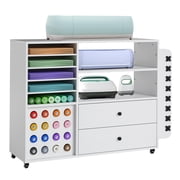 Rolling Craft Storage Cart, Craft Table Organizer with 24 Vinyl Roll Holder, 2 Large Drawers, Open Shelves, Crafting Table Workstation with Storage for Home Office
