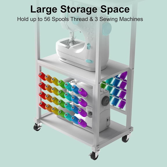 Rolling Craft Table with 56 Spools Thread Holder, 3 Storage Shelves, Portable Sewing Cabinet for Embroidery Machine, Craft Cart Organizer, White$$Art & Craft