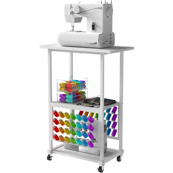 Rolling Craft Table with 56 Spools Thread Holder, 3 Storage Shelves, Portable Sewing Cabinet for Embroidery Machine, Craft Cart Organizer, White
