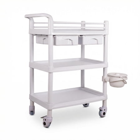 Rolling Crash Cart, 3 Layer White Plastic Mobile Medical Trolley, 110 lbs Storage Cart, Anti-fall Guardrail, Detachable Drawers, Trash Bucket, Baskets for Clinic, Home, Camping
