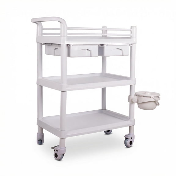 Rolling Crash Cart, 3 Layer White Plastic Mobile Medical Trolley, 110 lbs Storage Cart, Anti-fall Guardrail, Detachable Drawers, Trash Bucket, Baskets for Clinic, Home, Camping