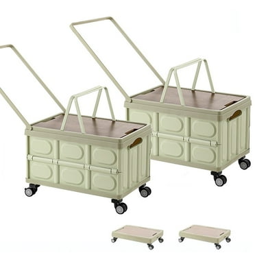 Rolling Crate Cart with Wheels 2 Pack, RLUETIME Collapsible Rolling Storage Bin with Wooden Cover, Foldable Utility Cart with Wheels for Picnic Camp Outdoor , 55L，Green