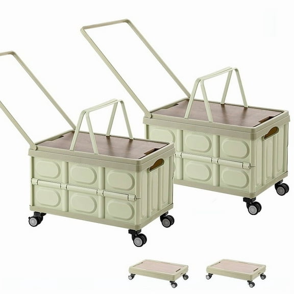 Rolling Crate Cart with Wheels 2 Pack, RLUETIME Collapsible Rolling Storage Bin with Wooden Cover, Foldable Utility Cart with Wheels for Picnic Camp Outdoor , 55L,Green