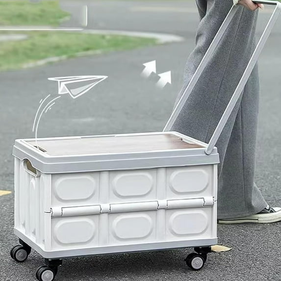 Rolling Crate Cart with Wheels 2 Pack, RLUETIME Collapsible Rolling Storage Bin with Wooden Cover, Foldable Utility Cart with Wheels for Picnic Camp Outdoor , 55L,White
