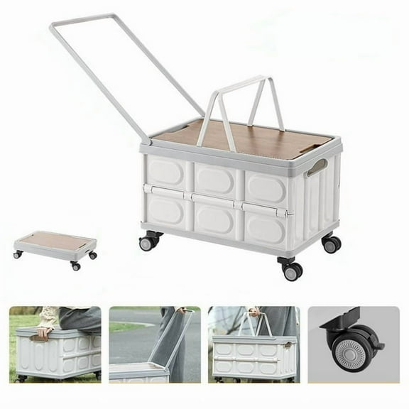 Rolling Crate Cart with Wheels, RLUETIME Collapsible Rolling Storage Bin with Wooden Cover, Foldable Utility Cart with Wheels for Picnic Camp Outdoor , 55L，White&Gray