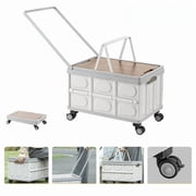 Rolling Crate Cart with Wheels, RLUETIME Collapsible Rolling Storage Bin with Wooden Cover, Foldable Utility Cart with Wheels for Picnic Camp Outdoor , 55L White&Gray