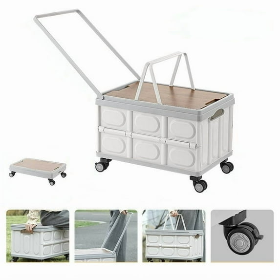 Rolling Crate Cart with Wheels, RLUETIME Collapsible Rolling Storage Bin with Wooden Cover, Foldable Utility Cart with Wheels for Picnic Camp Outdoor , 55L,White&Gray
