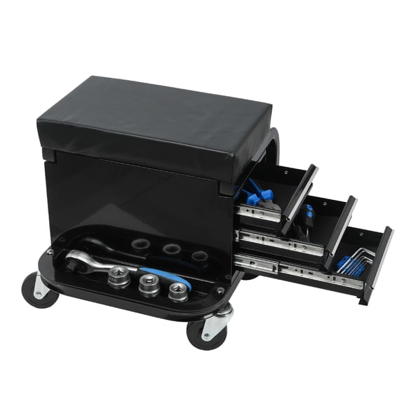 Rolling Creeper Garage Seat with 3 Built-in Drawers & Tool Storage, Black Steel, 14.44x15.74x14.44 in