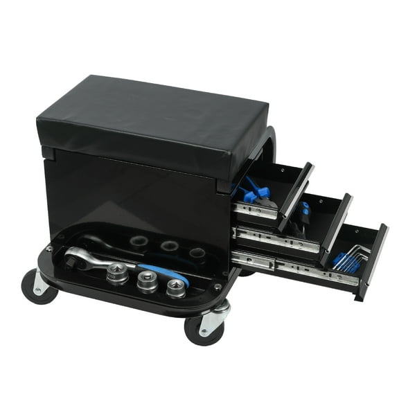 Rolling Creeper Garage/Shop Seat with Three Built-in Drawers, Rolling Tool Chest,Black