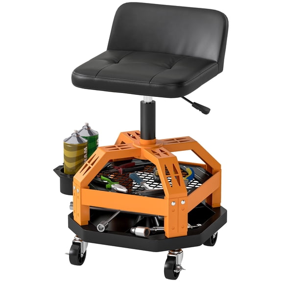 Rolling Creeper Garage Stool, 300 LBS Capacity Mechanic Stool with 360 Wheels, Tool Tray, Adjustable Height, Yellow