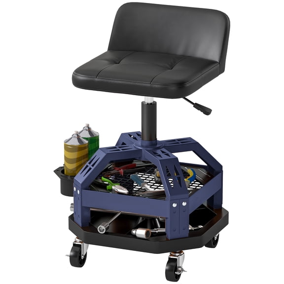 Rolling Creeper Garage Stool, 300 lb Capacity Mechanic Stool with 360 Wheels, Tool Tray & Adjustable Height Blue