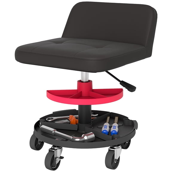 Rolling Creeper Garage Stool, 300 lb Capacity Mechanic Stool with 360 Wheels, Tool Tray & Adjustable Height Red