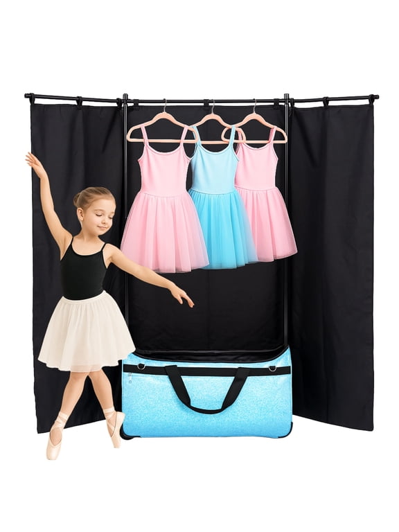 Rolling Dance Competition Bag with Retractable Garment Rack, 29 Inch, Blue, Wheeled Travel Suitcase with Privacy Curtain (Black)