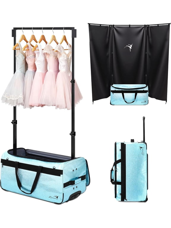 Rolling Dance Competition Bag with Retractable Garment Rack, 29 Inch, Blue, Wheeled Travel Suitcase with Privacy Curtain (Blue)