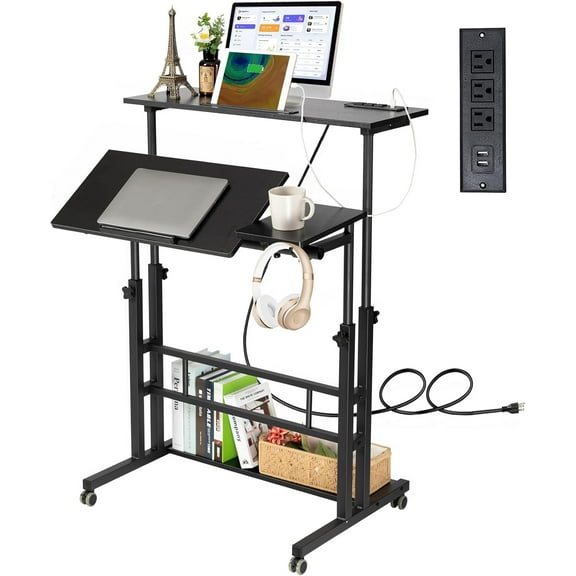 Rolling Desk Adjustable Height, Mobile Standing Desk with Wheels & Charging Station, Portable Stand for Laptop, Rolling Computer Cart TV Tray, Small Standing Desk Drawing Table