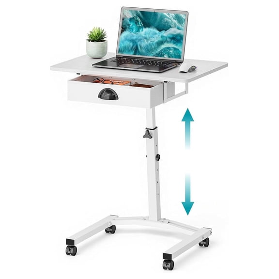 Rolling Desk with Drawers, Adjustable Height Laptop Cart on Wheels - Small Mobile Computer Desk for Home Office, Portable Bedside Table, 60lbs Capacity, White
