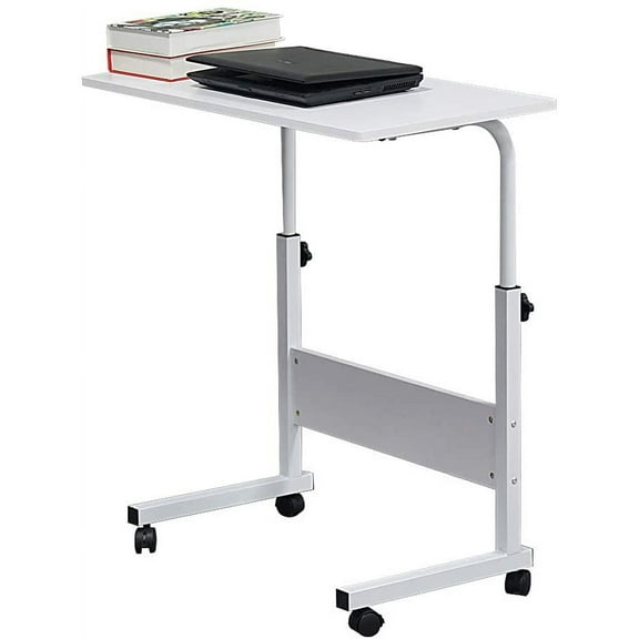 Rolling Desk,Mobile Desk,31.5 Inch Melamine Faced Chipboard Adjustable Table with Barrier,Standing Desk with Wheels,Portable Standing Desk for Sofa Couch Bed,White