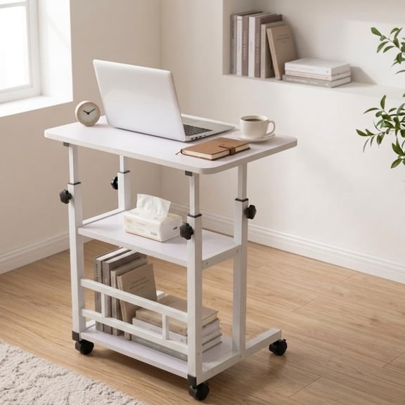 Rolling Desk with Height Adjustable Frame and Wheels, Storage Computer Cart