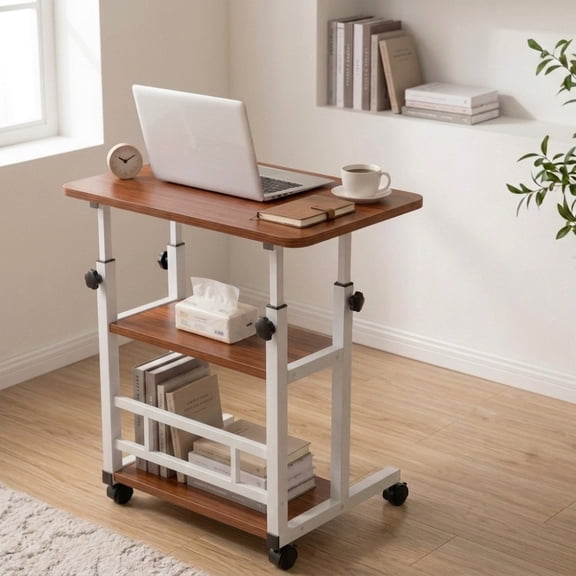 Rolling Desk with Height Adjustable Frame and Wheels, Storage Computer Cart