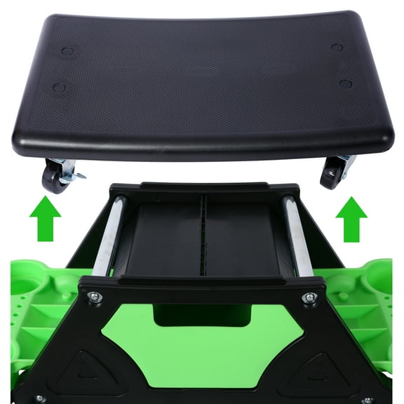 Rolling Detailing Creeper Seat,Roller Mechanic Detailing Utility Seat,Rolling Mechanic Stool with Wheels,Removable Tool Trays Drawer,300 Lbs Capacity for General Garage Use,And Home Use,Green Hdpe