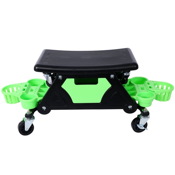 Rolling Detailing Creeper Seat with 300 Lbs Capacity, Green HDPE Mechanic Stool with Wheels and Removable Tool Trays for Garage Use