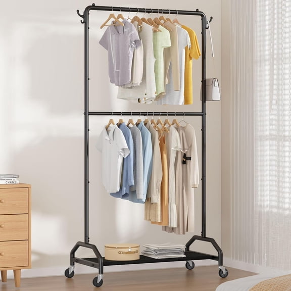 Rolling Double Clothes Rack with Bottom Shelf, 130LB Capacity Garment Rack – 34.5" W x 15.8" D x 79" H for Hanging Clothes, Shirts, Coats & Sweaters – Space-Saving Organizer