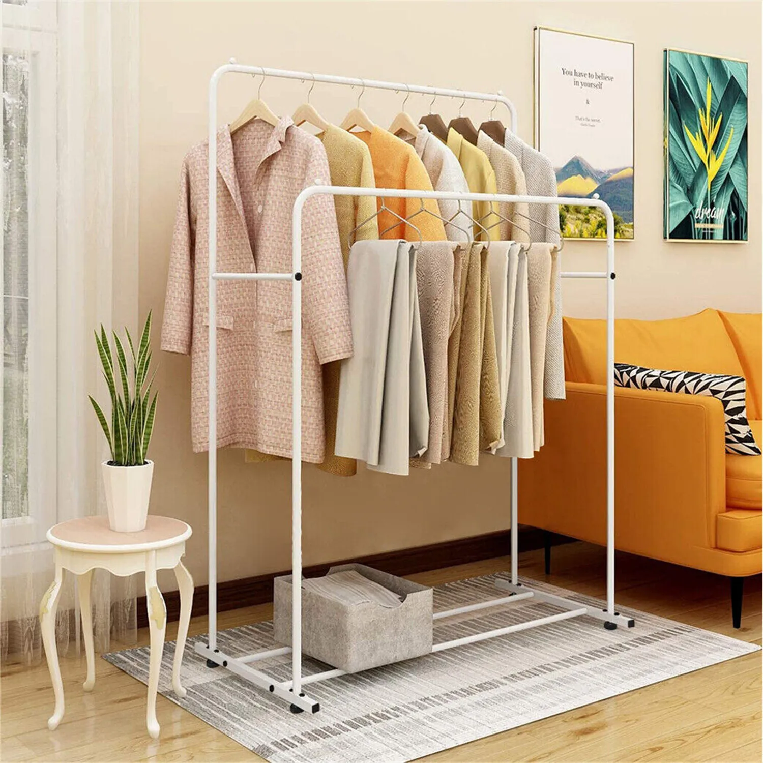 Rolling Double Rod Clothes Rack Heavy Duty Hanging Garment Rack Display