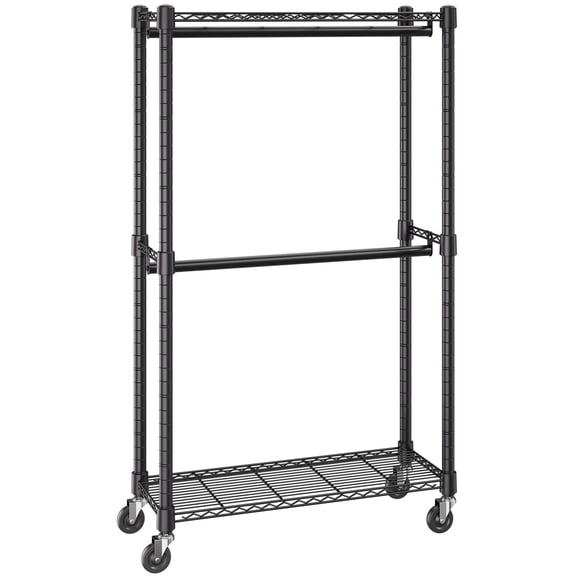 Rolling Double Rod Clothing Rack, Garment Rack with 2-Tier Storage, 300 lbs Capacity, 1 inch Thick Steel Pipe Clothes Rack