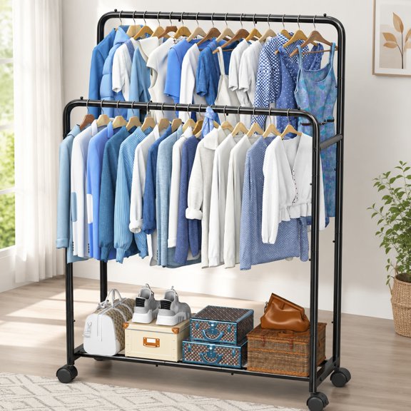 Rolling Double Rod Clothing Rack with Wheels, Metal Garment Rack for Hanging Clothes, Adjustable Height, Portable Black Clothes Organizer for Home and Retail Use